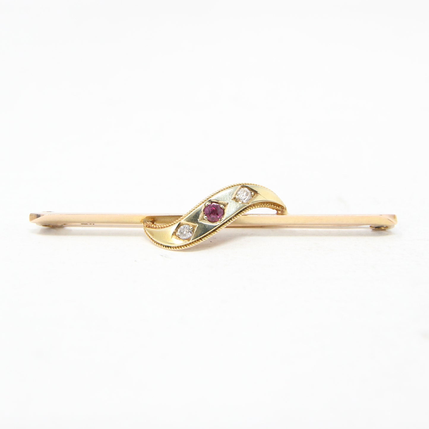 Antique Victorian Hallmarked Solid 9ct 9k Gold Ruby Diamond Gypsy Bar Brooch