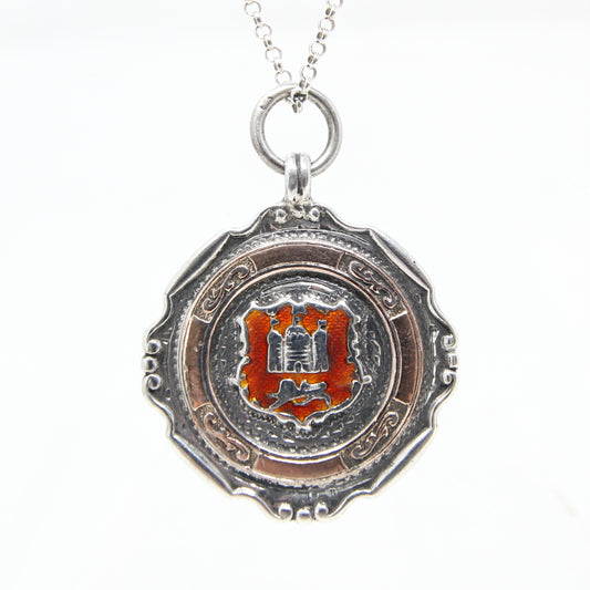 Antique 1927 English Hallmarked Solid Sterling Silver 9ct 9k Gold Enamel Watch Fob Medal Pendant