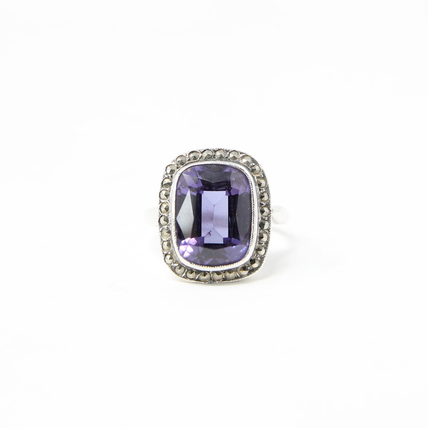 Vintage Solid Silver Synthetic Purple Colour Change Sapphire Marquisite Ring Size O 1/2