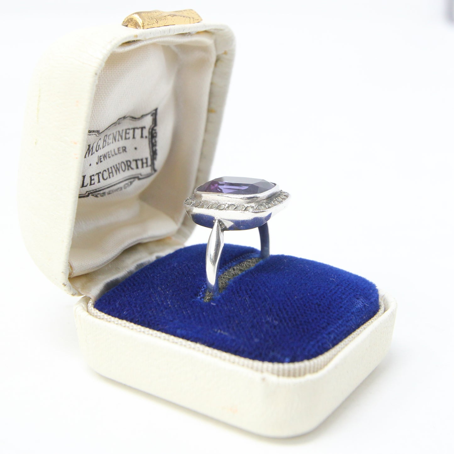 Vintage Solid Silver Synthetic Purple Colour Change Sapphire Marquisite Ring Size O 1/2