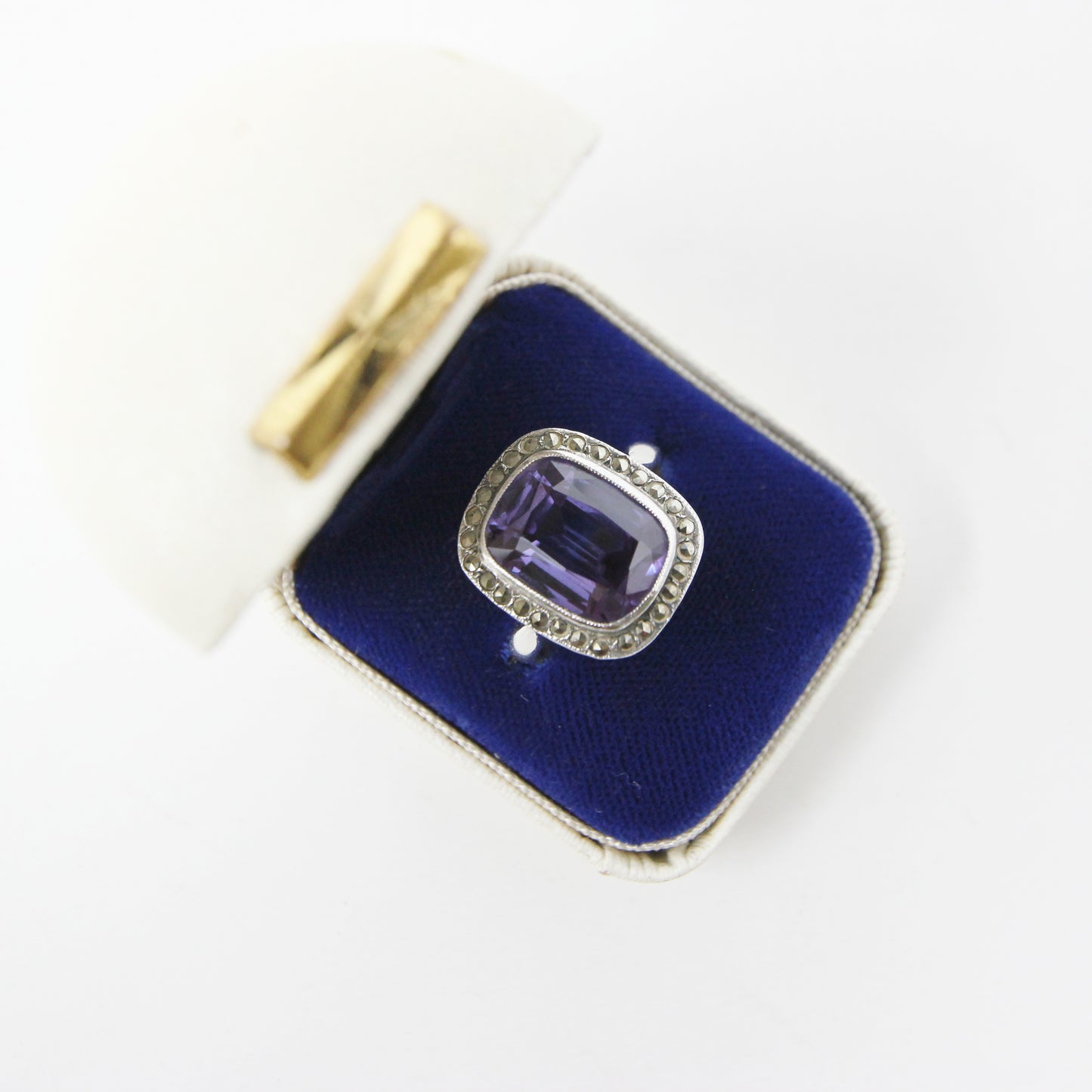 Vintage Solid Silver Synthetic Purple Colour Change Sapphire Marquisite Ring Size O 1/2