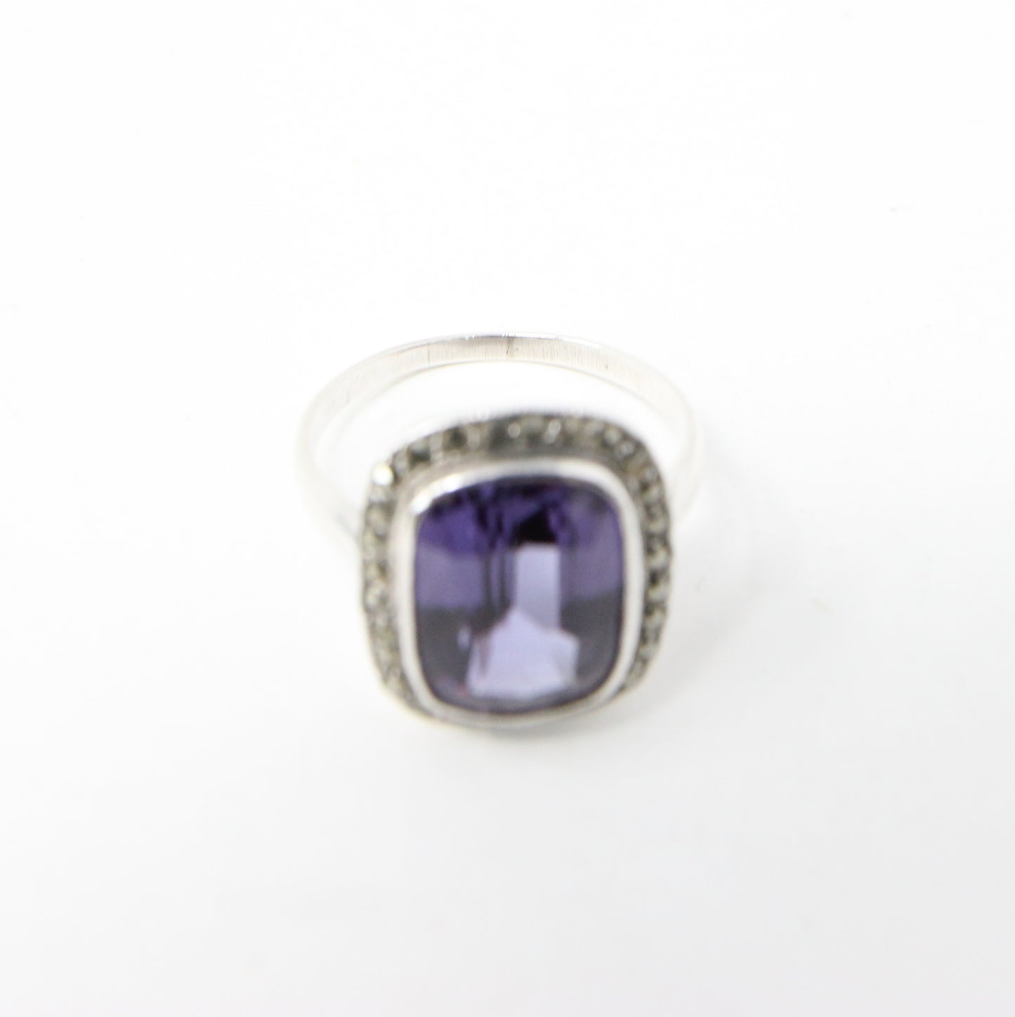 Vintage Solid Silver Synthetic Purple Colour Change Sapphire Marquisite Ring Size O 1/2