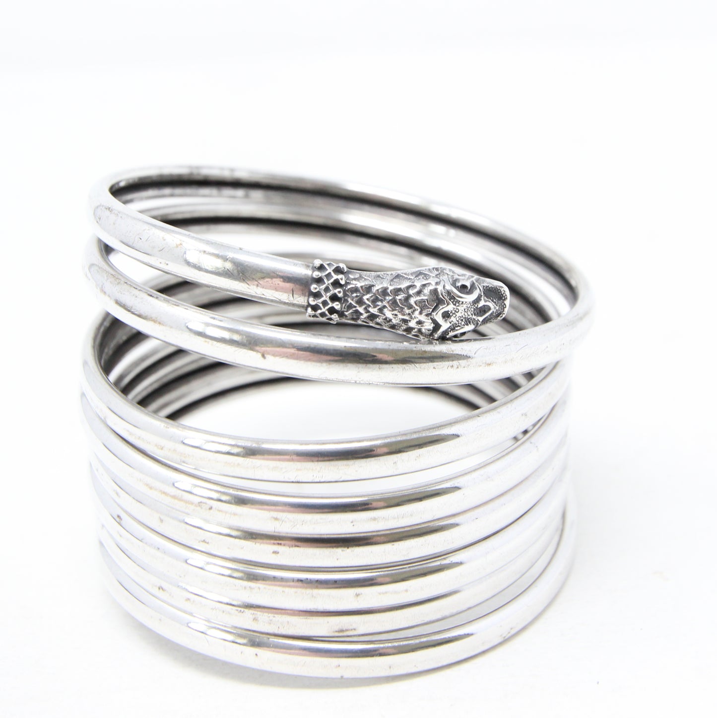 Antique Solid Silver Etruscan Coiled Snake Cuff Bangle Bracelet 7.5'' 64g