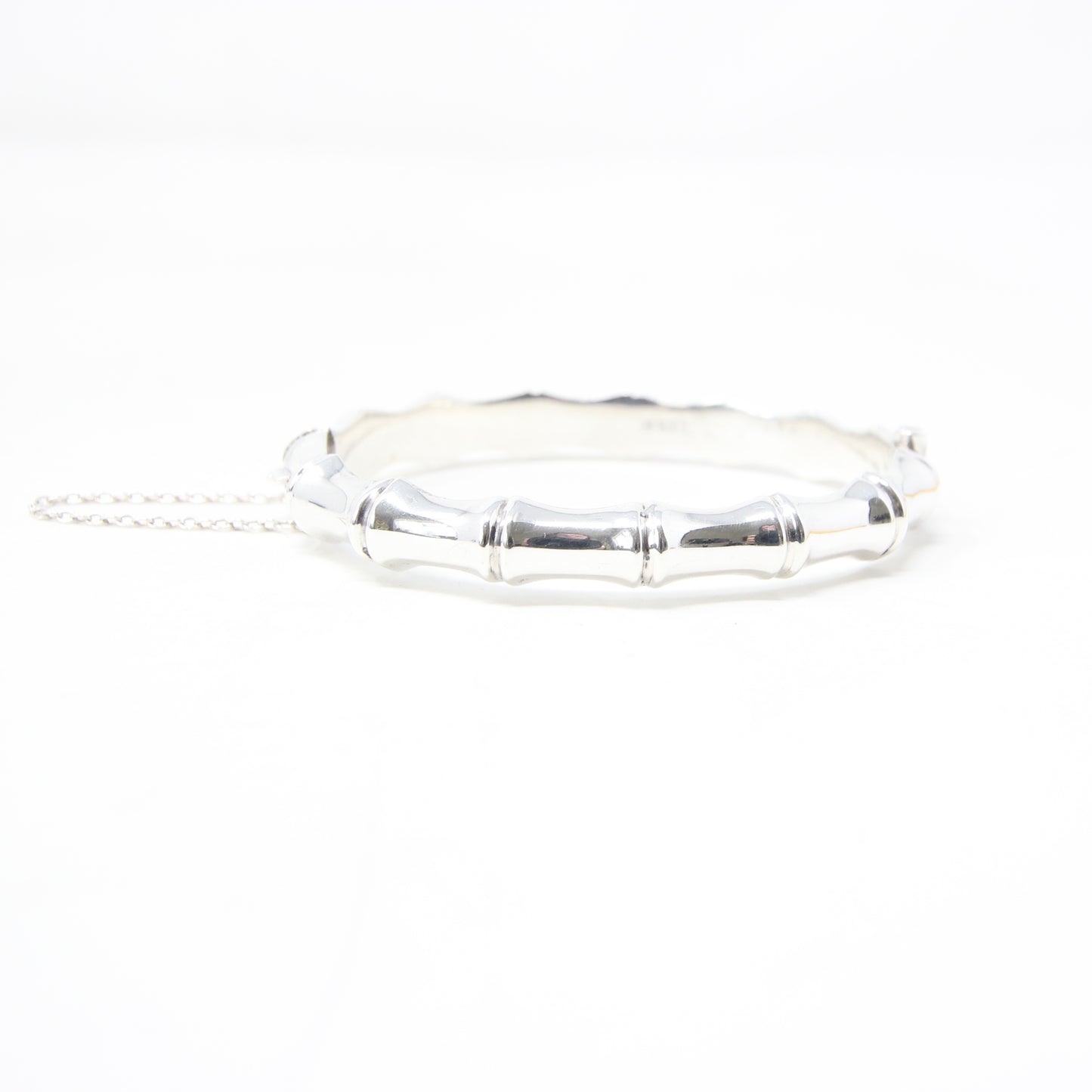 Vintage 1982 Hallmarked Solid Sterling Silver Bamboo Bangle Cuff Bracelet Safety Chain