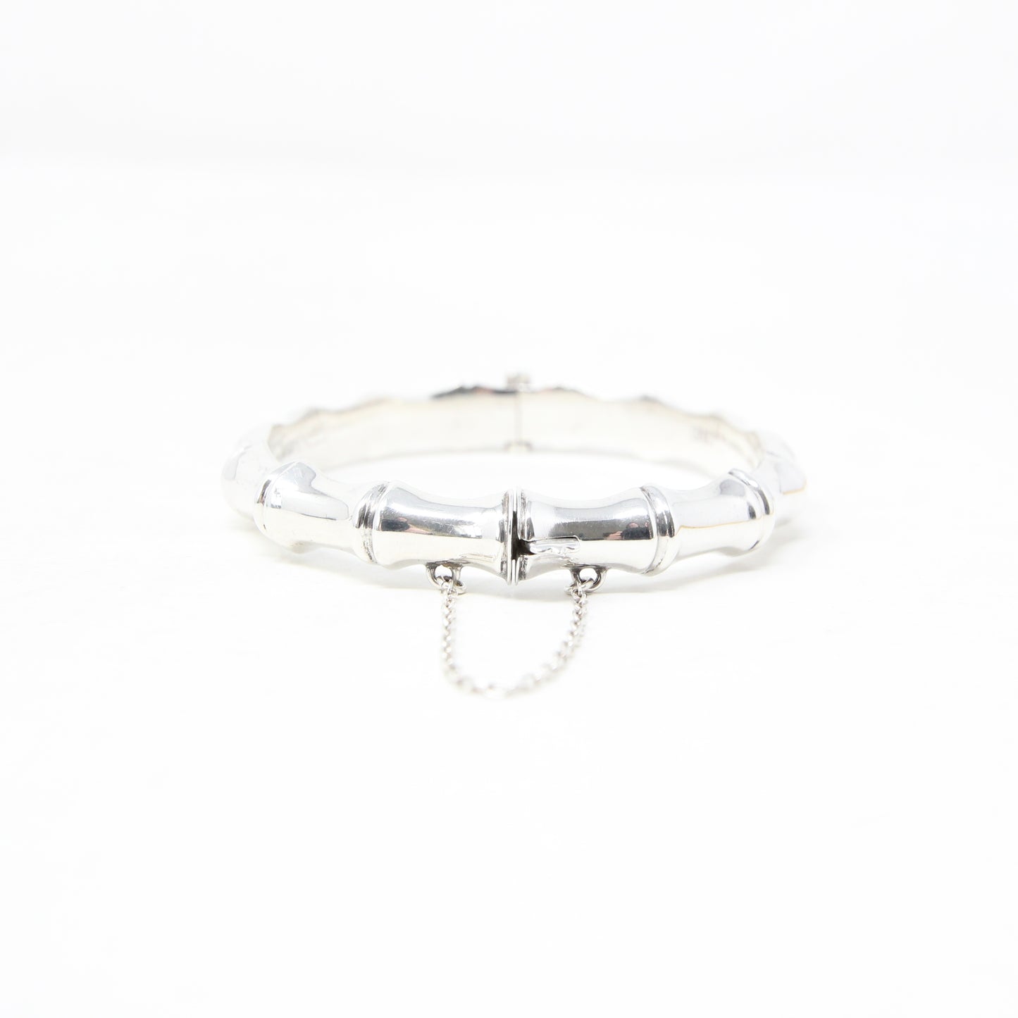 Vintage 1982 Hallmarked Solid Sterling Silver Bamboo Bangle Cuff Bracelet Safety Chain