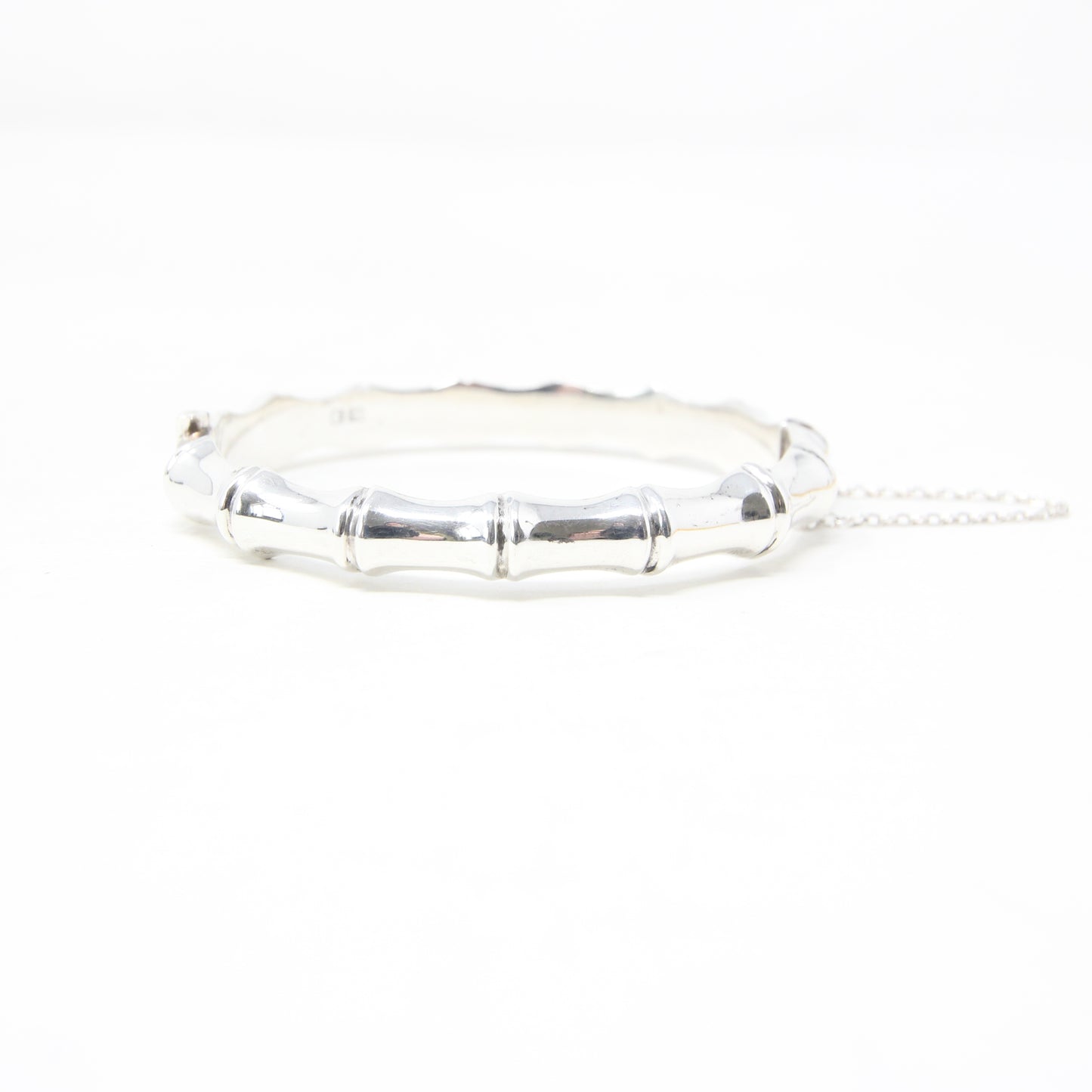 Vintage 1982 Hallmarked Solid Sterling Silver Bamboo Bangle Cuff Bracelet Safety Chain