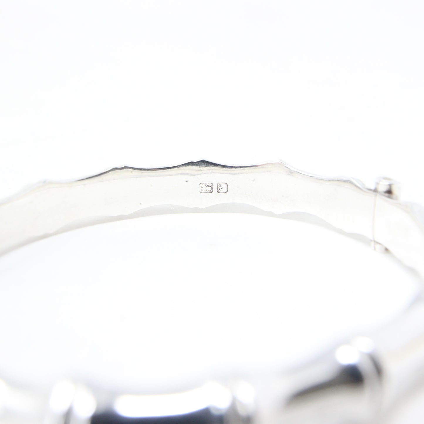 Vintage 1982 Hallmarked Solid Sterling Silver Bamboo Bangle Cuff Bracelet Safety Chain