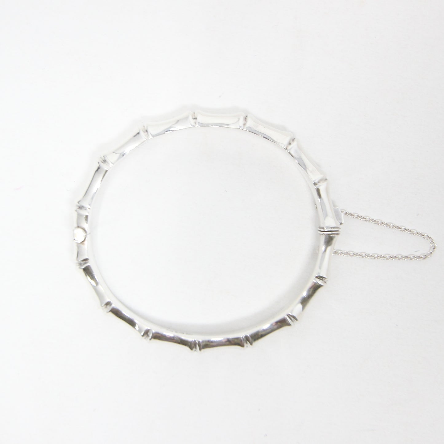 Vintage 1982 Hallmarked Solid Sterling Silver Bamboo Bangle Cuff Bracelet Safety Chain
