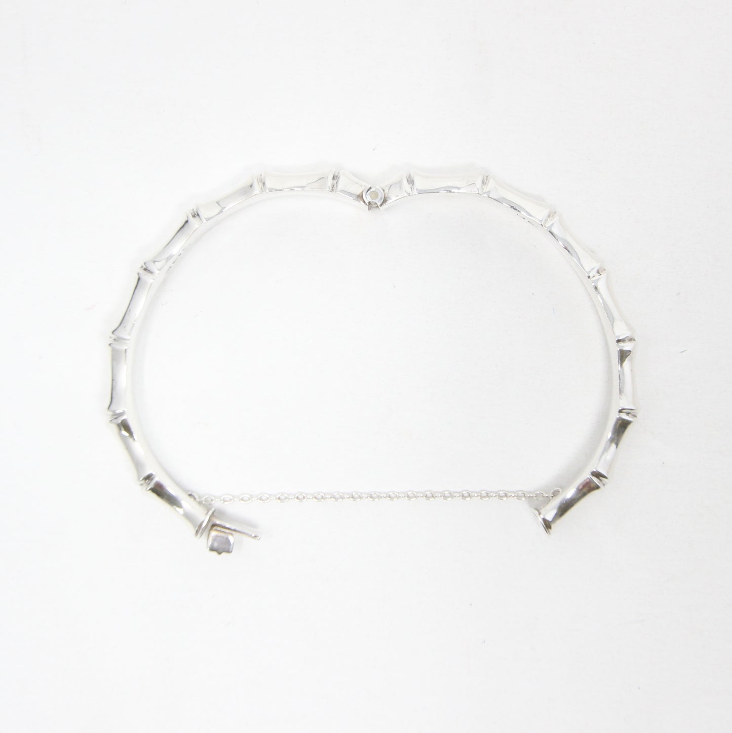 Vintage 1982 Hallmarked Solid Sterling Silver Bamboo Bangle Cuff Bracelet Safety Chain