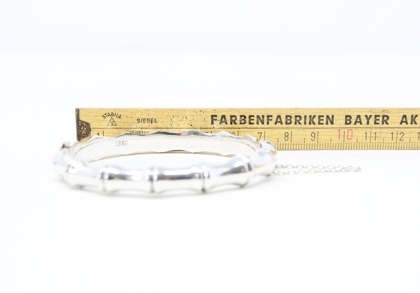 Vintage 1982 Hallmarked Solid Sterling Silver Bamboo Bangle Cuff Bracelet Safety Chain