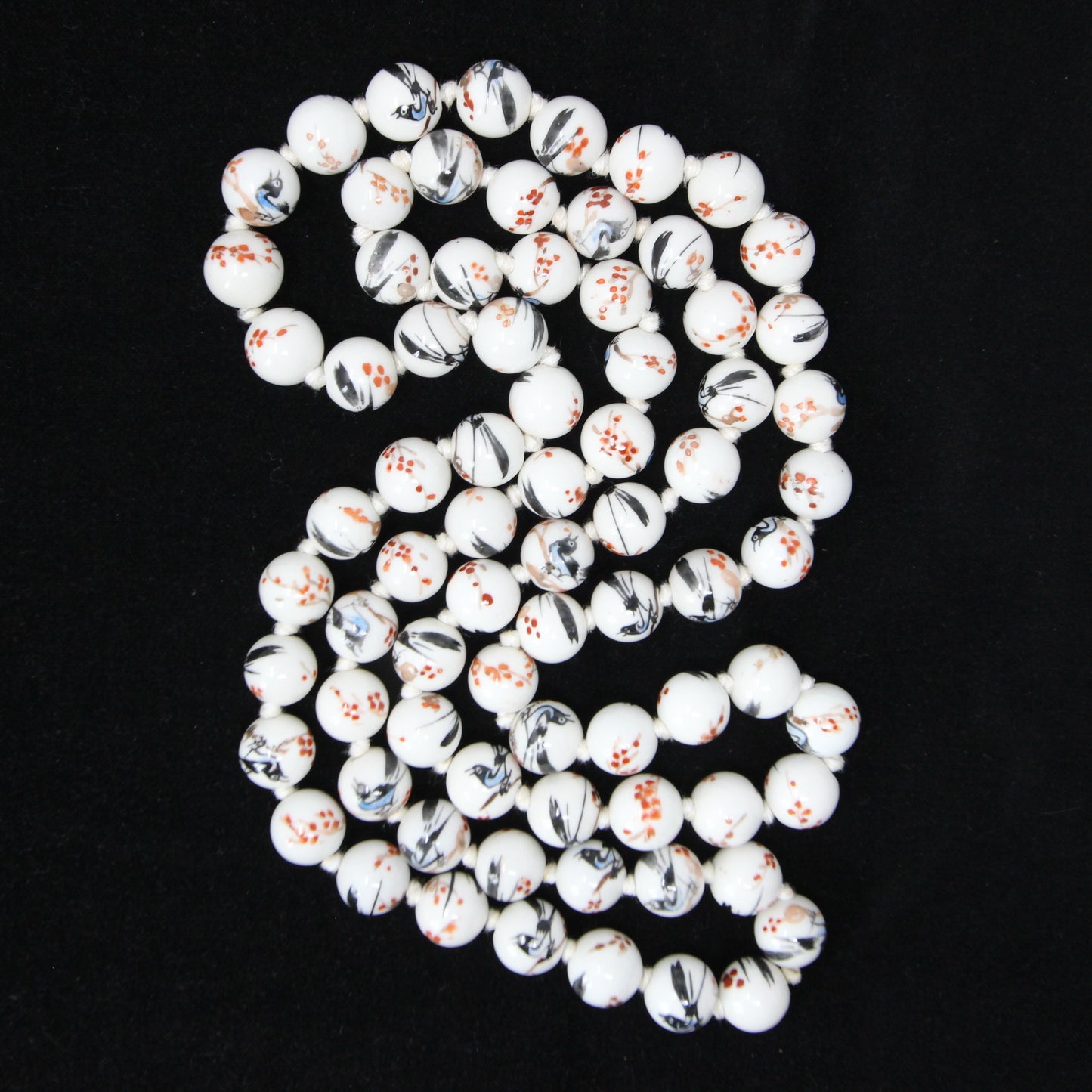 Antique Rare Porcelaine Bead Magpie Bird Cherry Blossom Knotted Beaded Necklace 49.5''