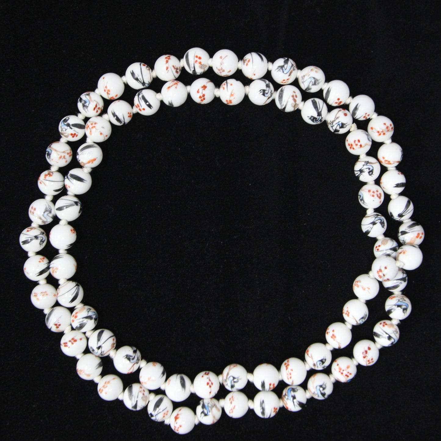 Antique Rare Porcelaine Bead Magpie Bird Cherry Blossom Knotted Beaded Necklace 49.5''