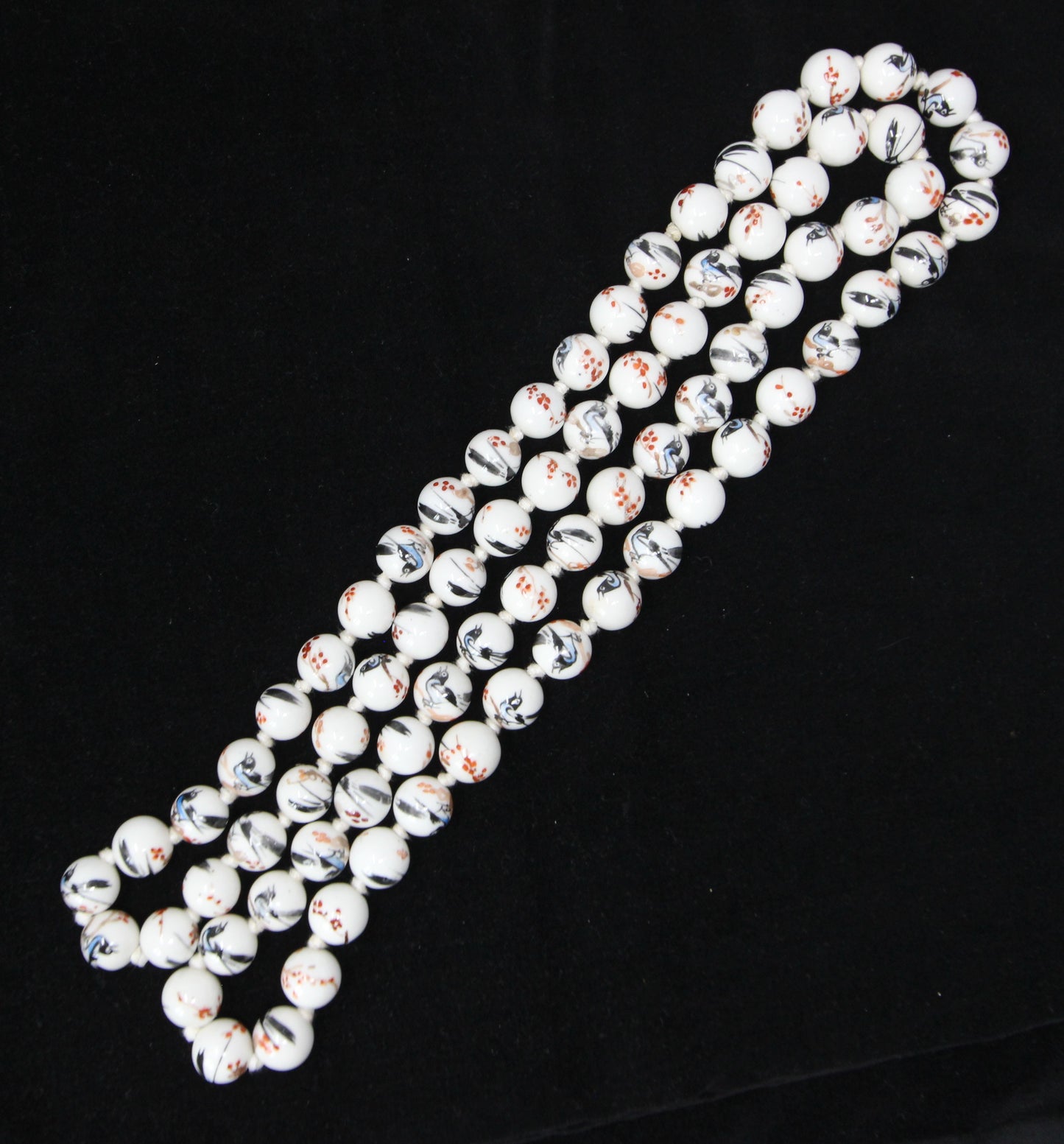 Antique Rare Porcelaine Bead Magpie Bird Cherry Blossom Knotted Beaded Necklace 49.5''