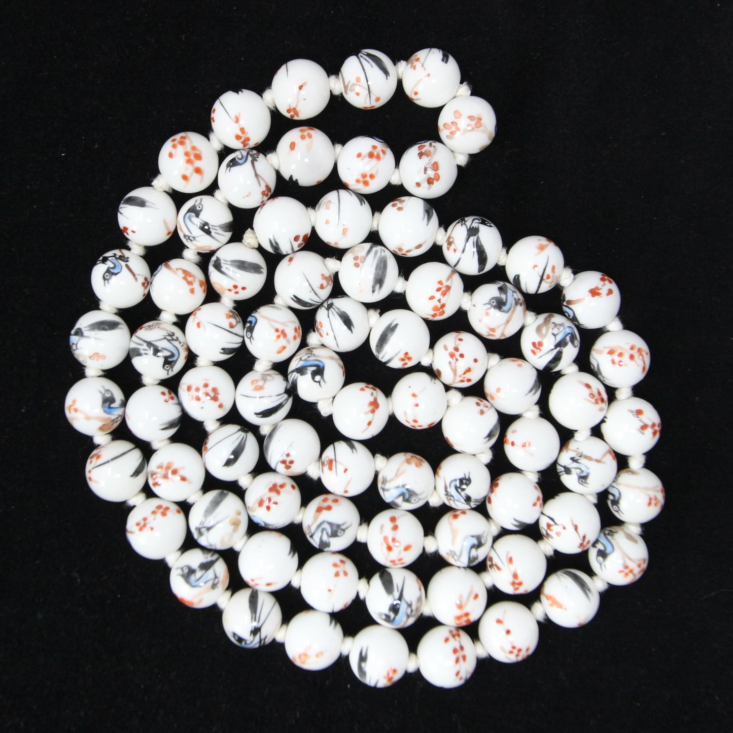 Antique Rare Porcelaine Bead Magpie Bird Cherry Blossom Knotted Beaded Necklace 49.5''
