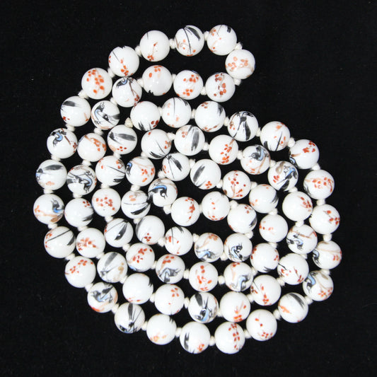 Antique Rare Porcelaine Bead Magpie Bird Cherry Blossom Knotted Beaded Necklace 49.5''