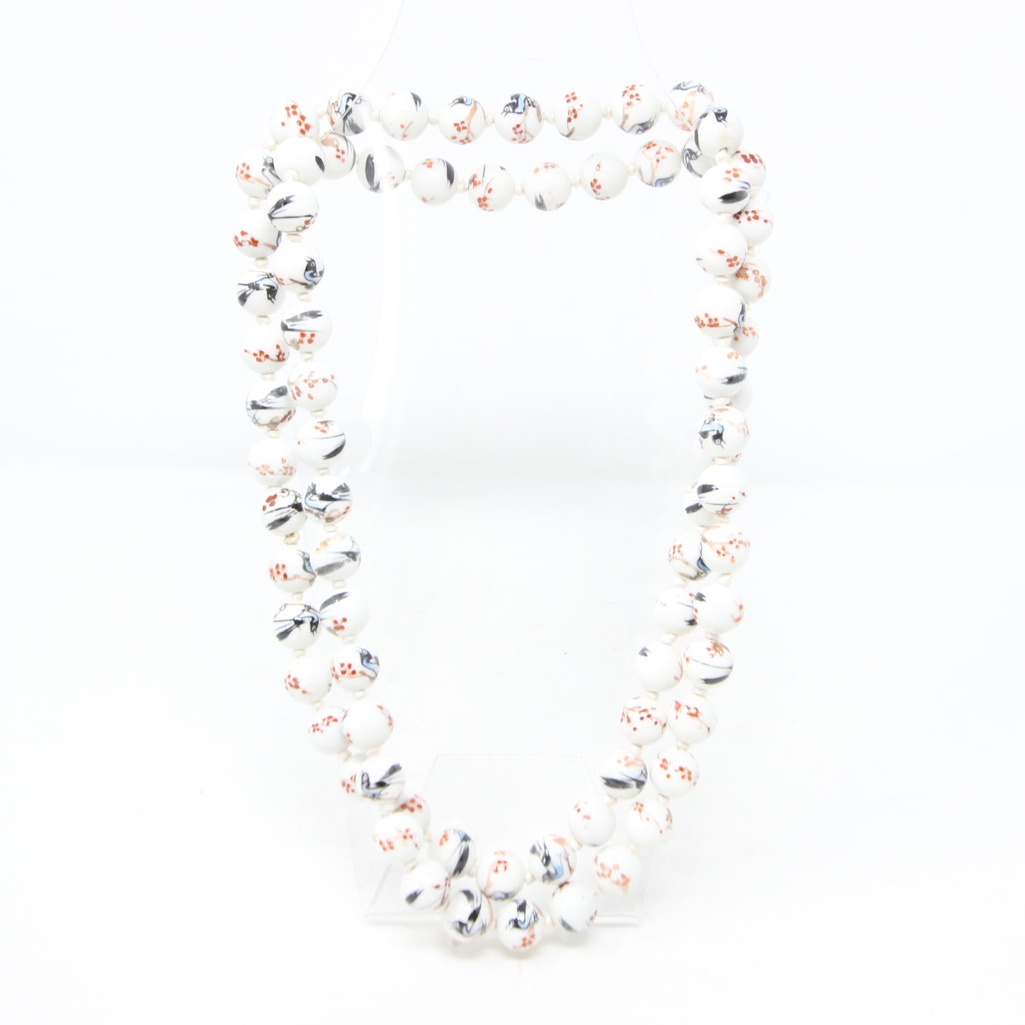 Antique Rare Porcelaine Bead Magpie Bird Cherry Blossom Knotted Beaded Necklace 49.5''