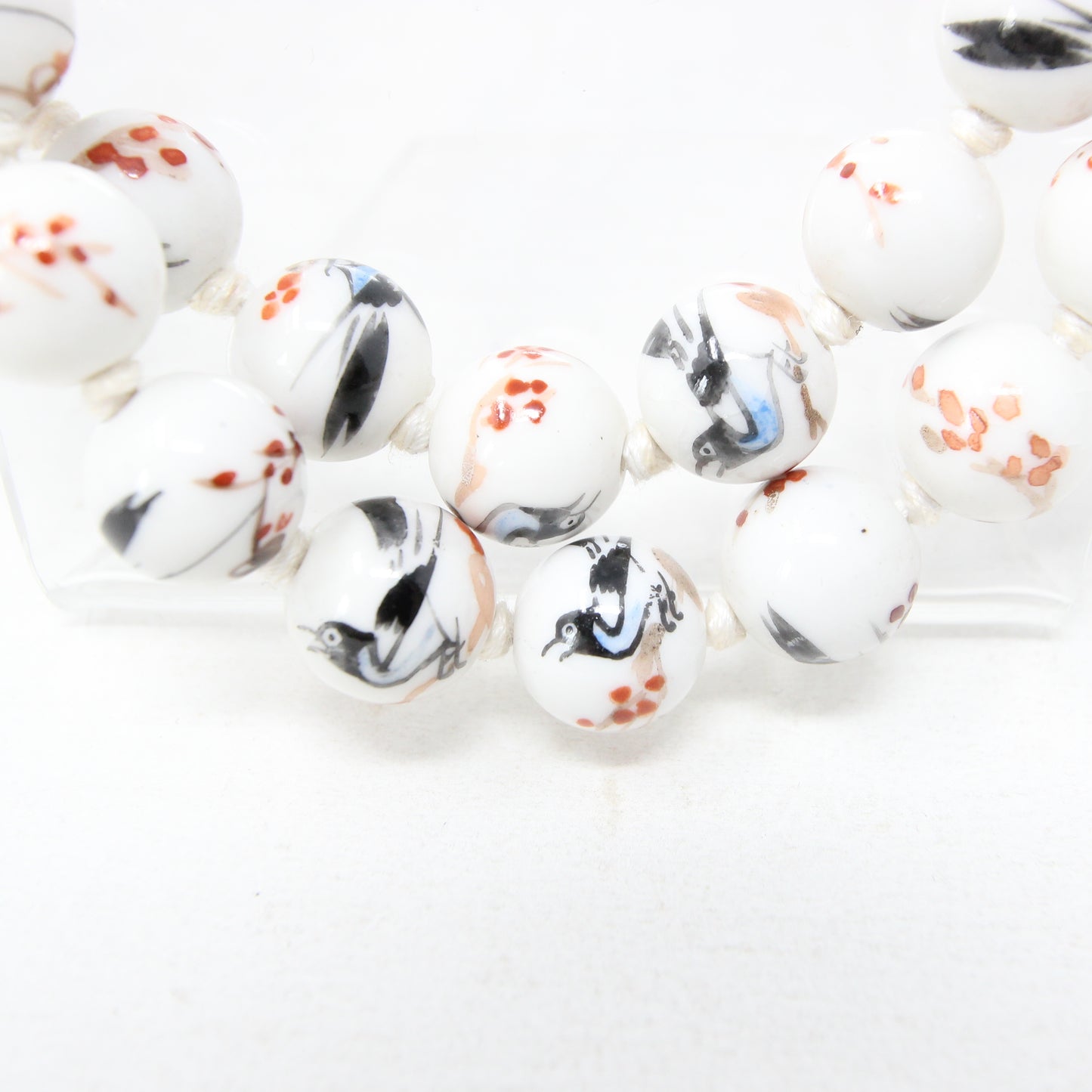 Antique Rare Porcelaine Bead Magpie Bird Cherry Blossom Knotted Beaded Necklace 49.5''