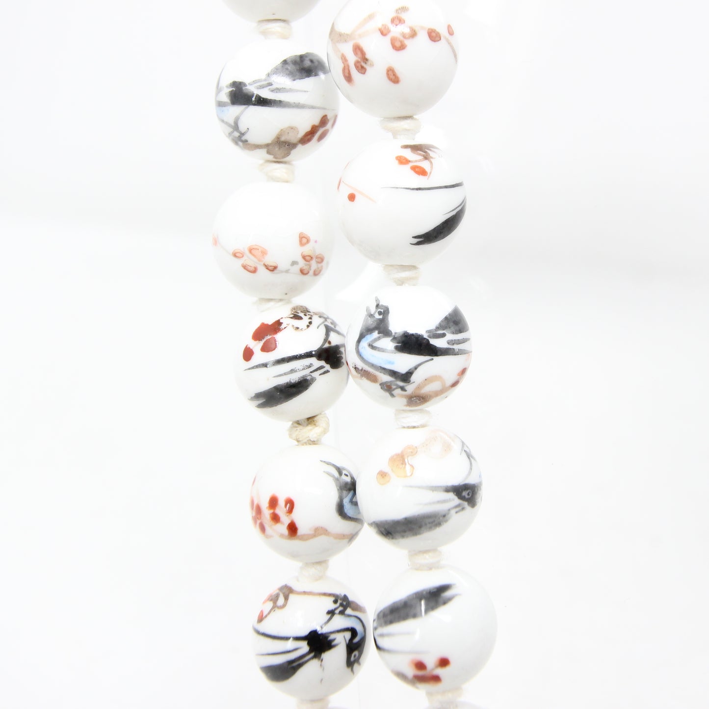 Antique Rare Porcelaine Bead Magpie Bird Cherry Blossom Knotted Beaded Necklace 49.5''