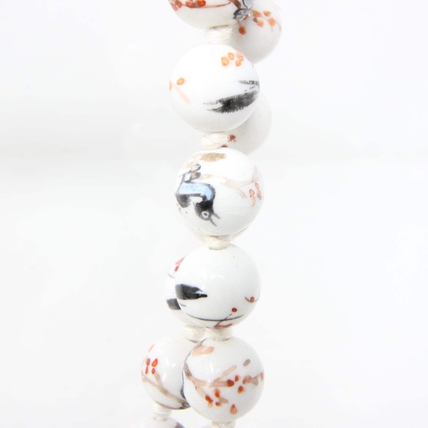 Antique Rare Porcelaine Bead Magpie Bird Cherry Blossom Knotted Beaded Necklace 49.5''