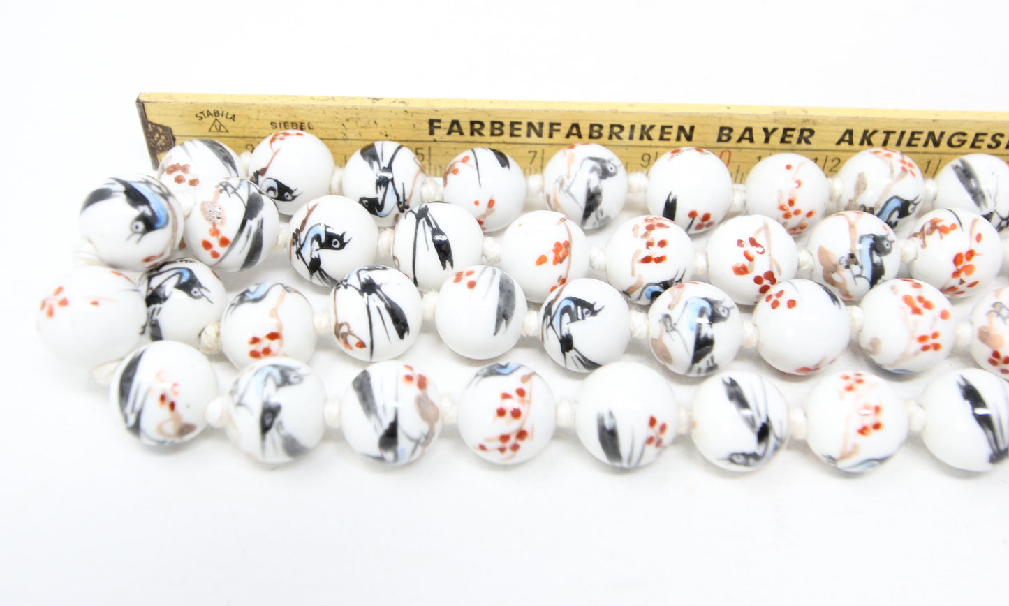 Antique Rare Porcelaine Bead Magpie Bird Cherry Blossom Knotted Beaded Necklace 49.5''