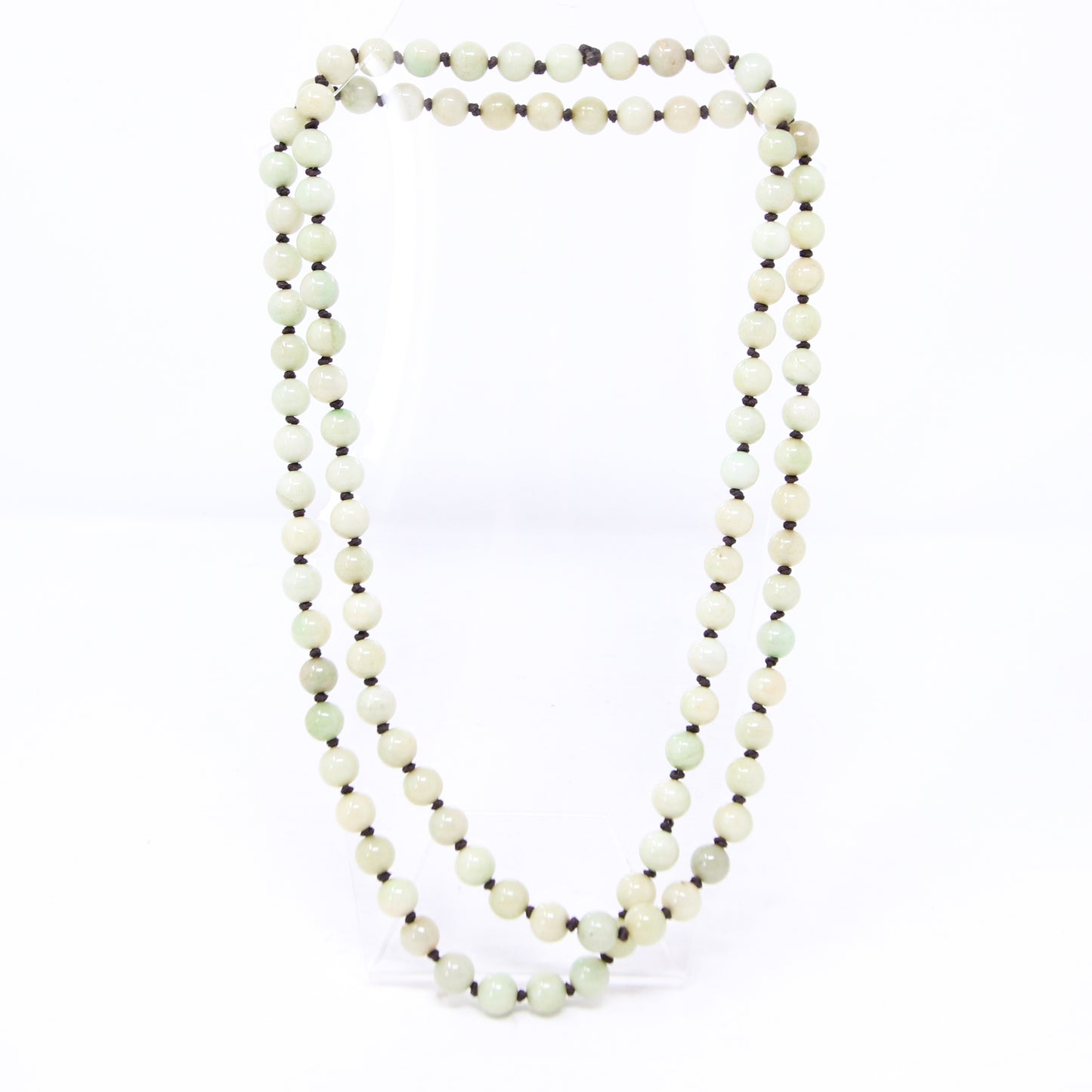 Vintage Art Deco Green Natural Jade Bead Long Knotted Beaded Flapper Necklace 48.9''
