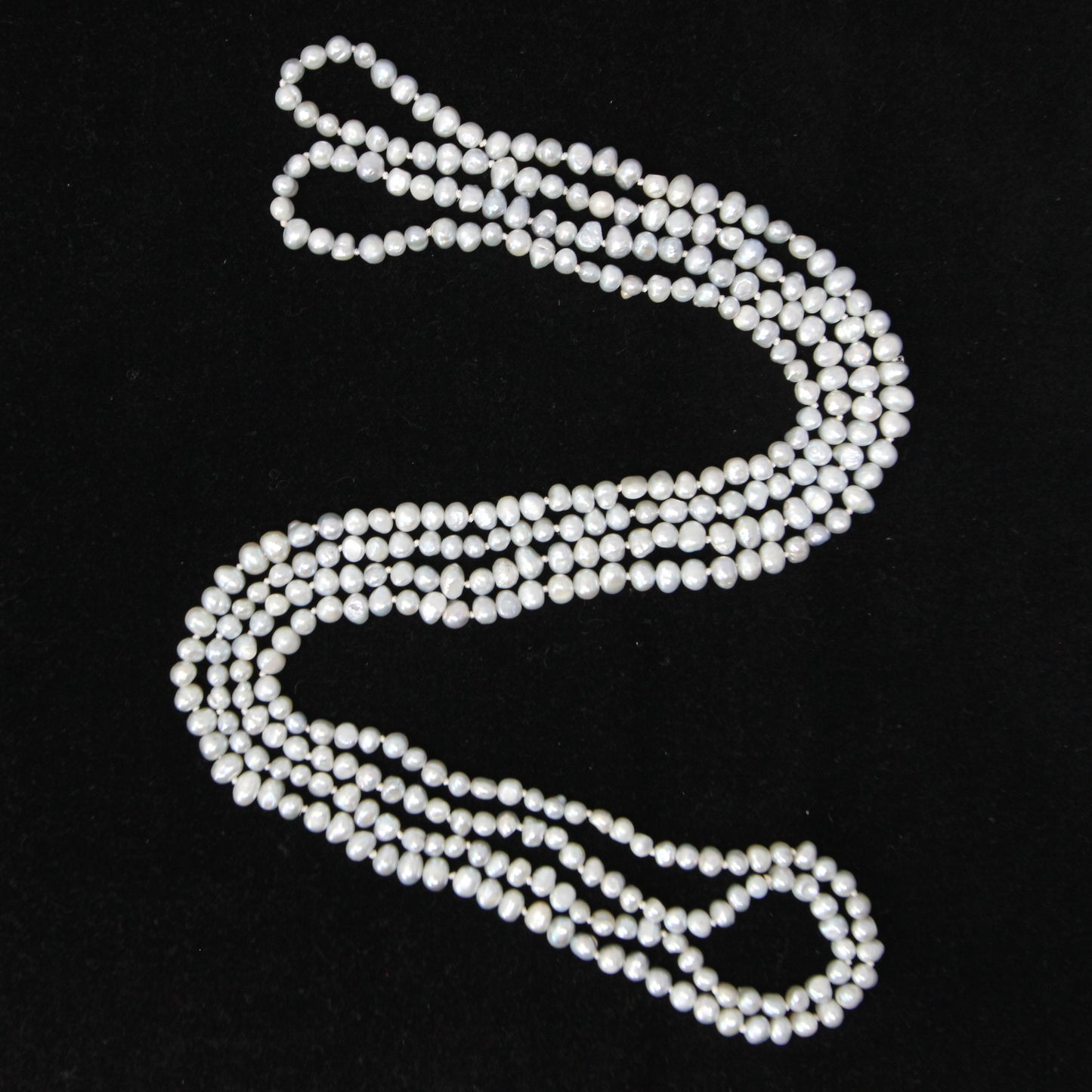 Vintage Natural Pale Blue Cultured Pearl Bead Long Knotted Beaded Flapper Art Deco Necklace 66''