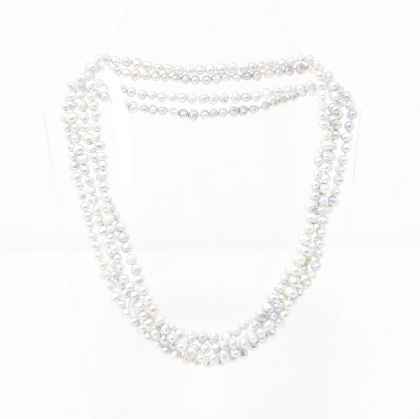Vintage Natural Pale Blue Cultured Pearl Bead Long Knotted Beaded Flapper Art Deco Necklace 66''