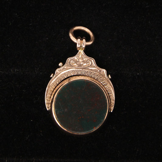 Antique 1905 Chester Hallmarked Solid 9ct 9k Rose Gold Bloodstone Onyx Spinner Watch Fob Pendant