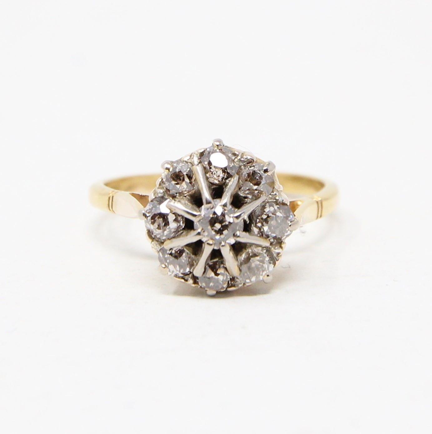 Antique Victorian Solid 18ct 18k Gold 0.6Ct Champagne Diamond Cluster Daisy Ring Size O