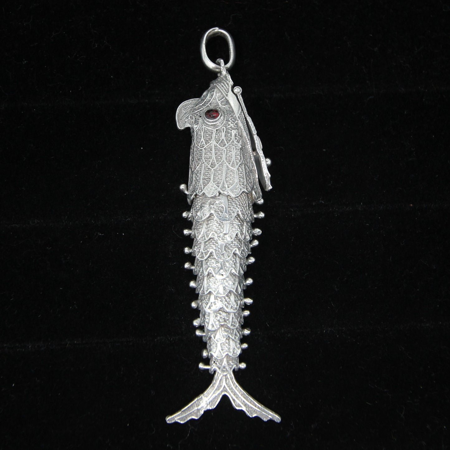 Vintage Hallmarked Solid Silver Large Articulated Filigree Koi Fish Locket Pendant 17.8g