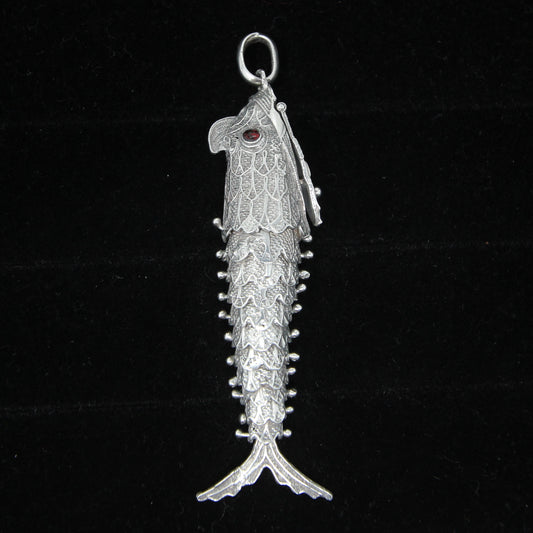 Vintage Hallmarked Solid Silver Large Articulated Filigree Koi Fish Locket Pendant 17.8g