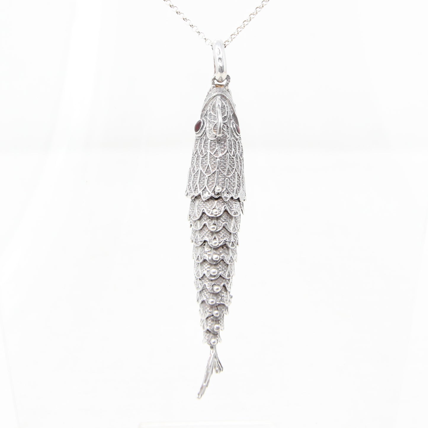 Vintage Hallmarked Solid Silver Large Articulated Filigree Koi Fish Locket Pendant 17.8g