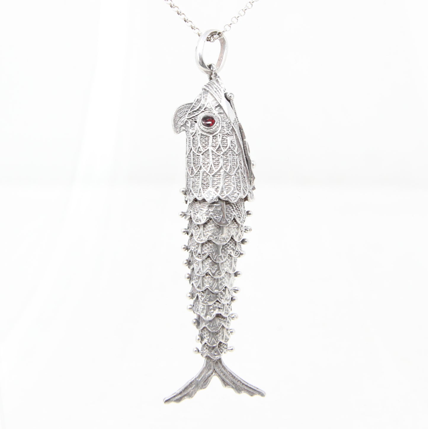 Vintage Hallmarked Solid Silver Large Articulated Filigree Koi Fish Locket Pendant 17.8g