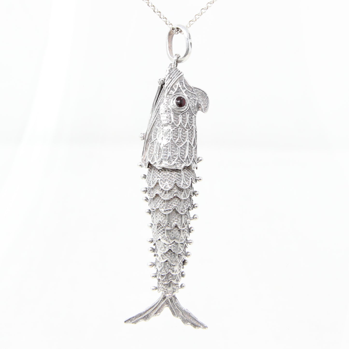 Vintage Hallmarked Solid Silver Large Articulated Filigree Koi Fish Locket Pendant 17.8g