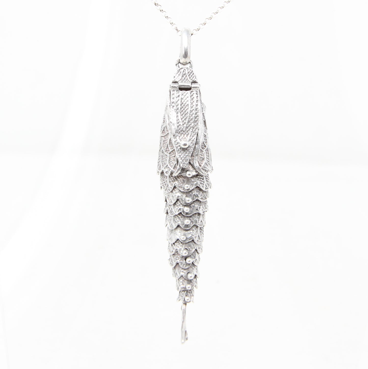 Vintage Hallmarked Solid Silver Large Articulated Filigree Koi Fish Locket Pendant 17.8g