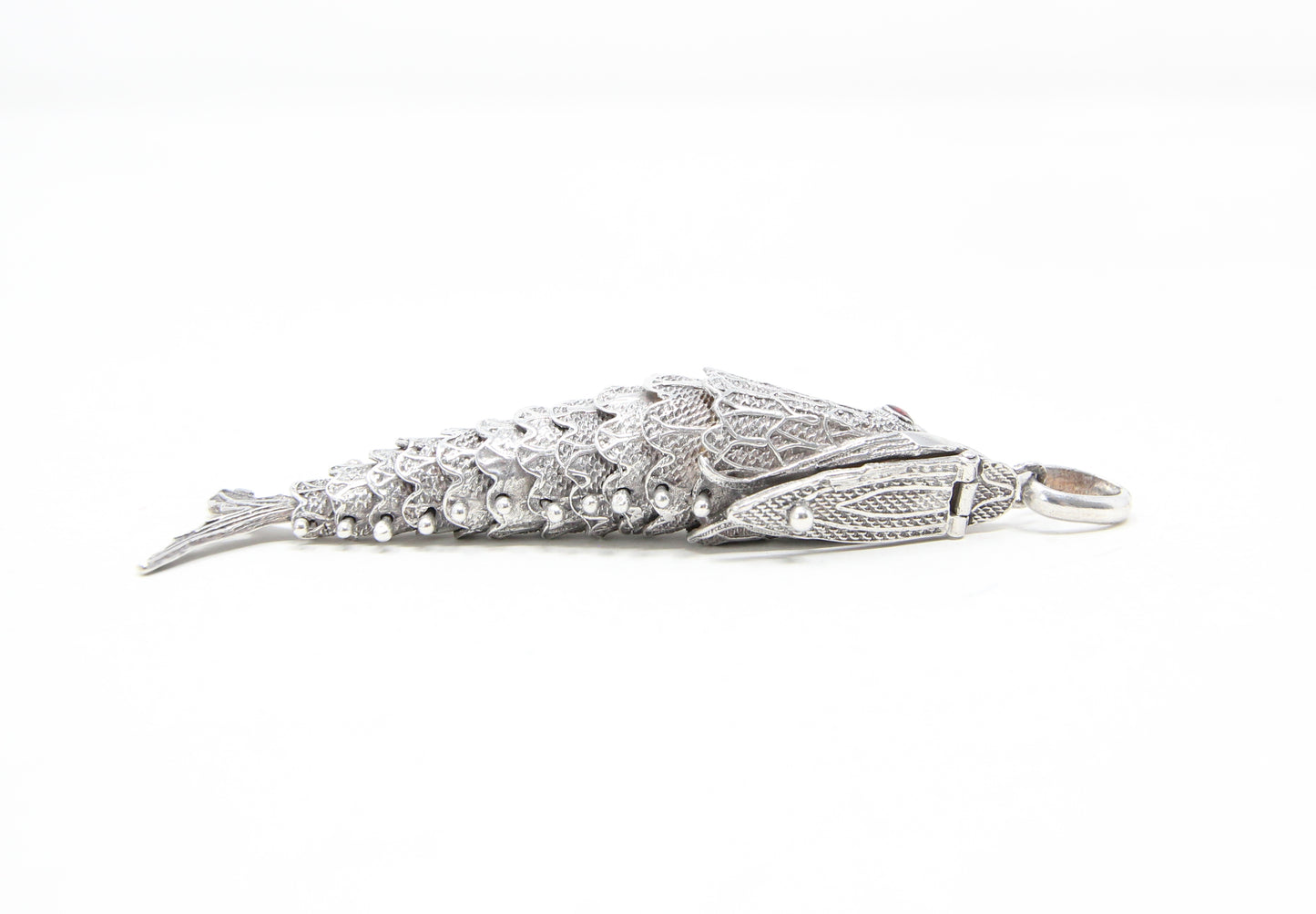 Vintage Hallmarked Solid Silver Large Articulated Filigree Koi Fish Locket Pendant 17.8g
