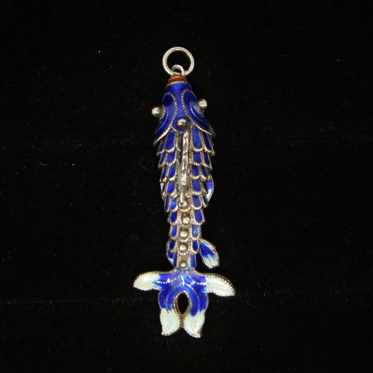 Vintage Hallmarked Solid Silver Articulated Cobalt Blue Enamel Koi Fish Pendant