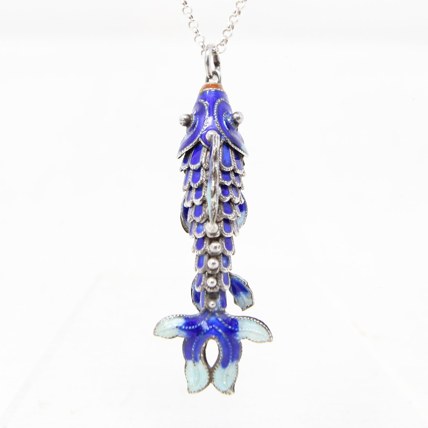 Vintage Hallmarked Solid Silver Articulated Cobalt Blue Enamel Koi Fish Pendant
