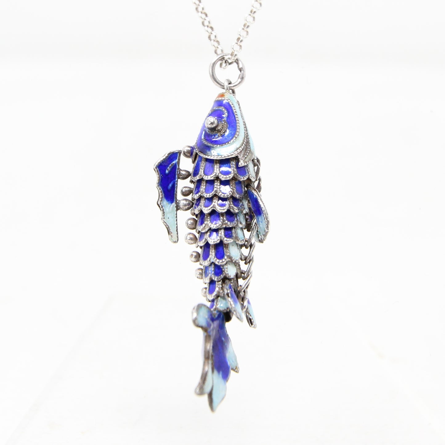Vintage Hallmarked Solid Silver Articulated Cobalt Blue Enamel Koi Fish Pendant