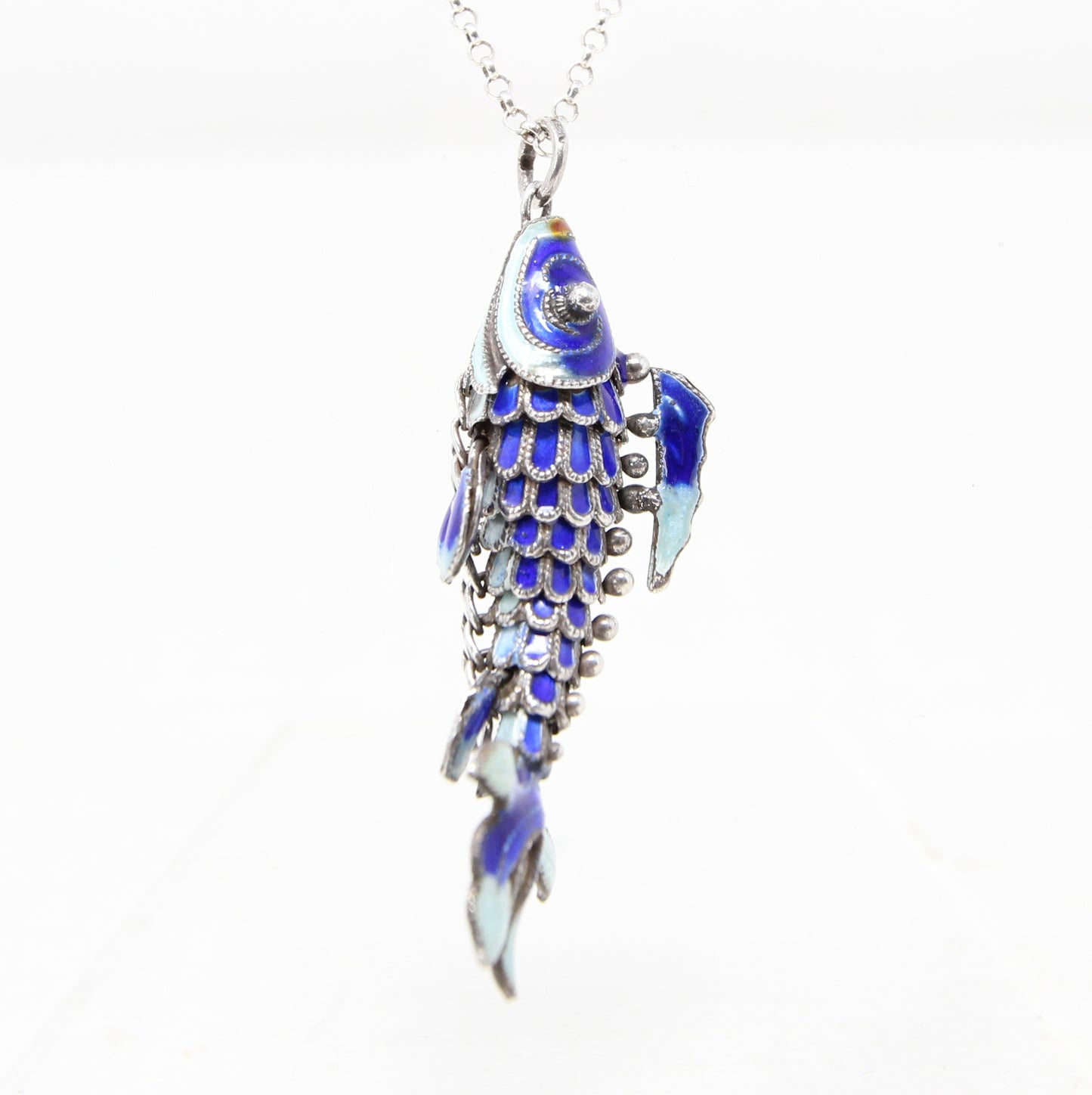 Vintage Hallmarked Solid Silver Articulated Cobalt Blue Enamel Koi Fish Pendant