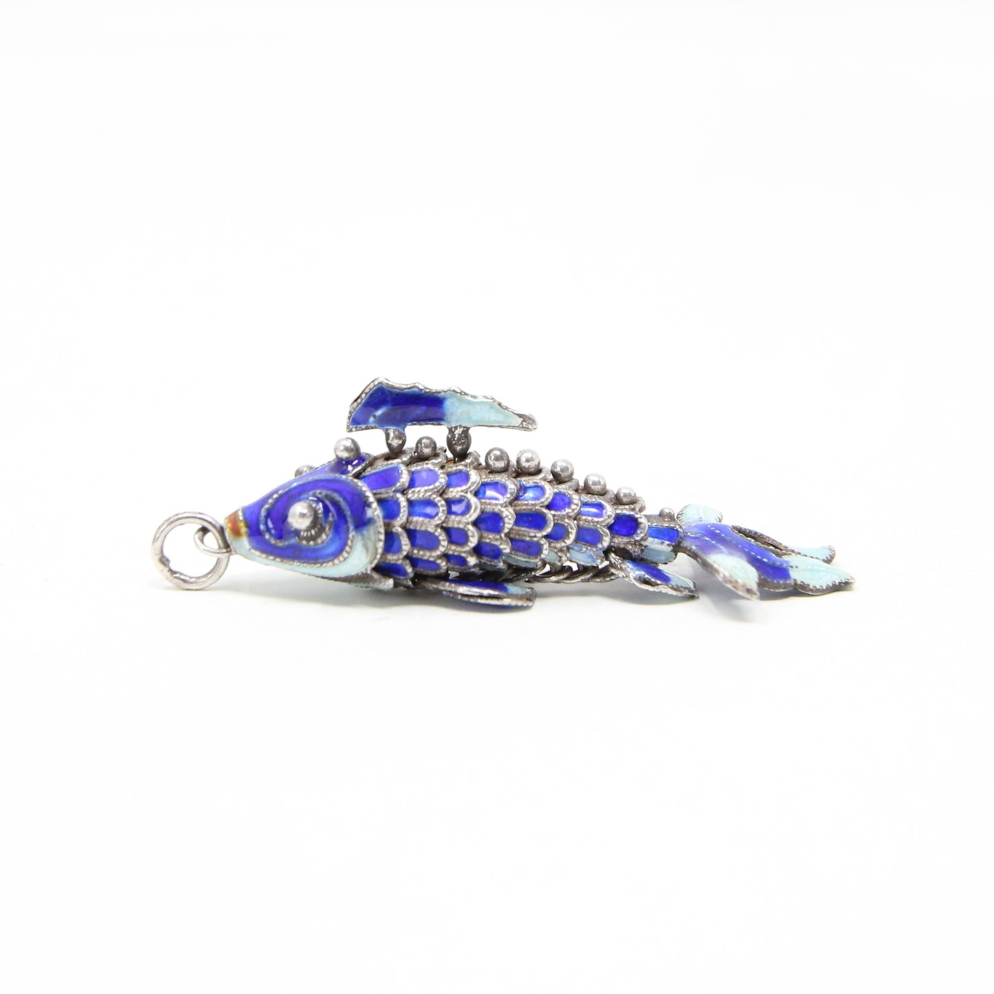 Vintage Hallmarked Solid Silver Articulated Cobalt Blue Enamel Koi Fish Pendant