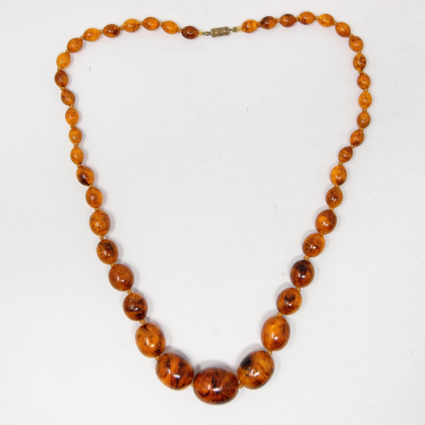 Antique Vintage Art Deco Bakelite Crackle Amber Long Knotted Graduated Bead Necklace