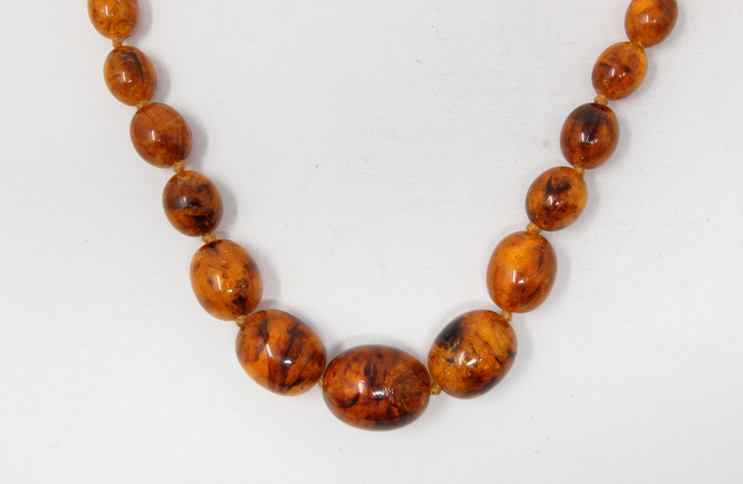 Antique Vintage Art Deco Bakelite Crackle Amber Long Knotted Graduated Bead Necklace