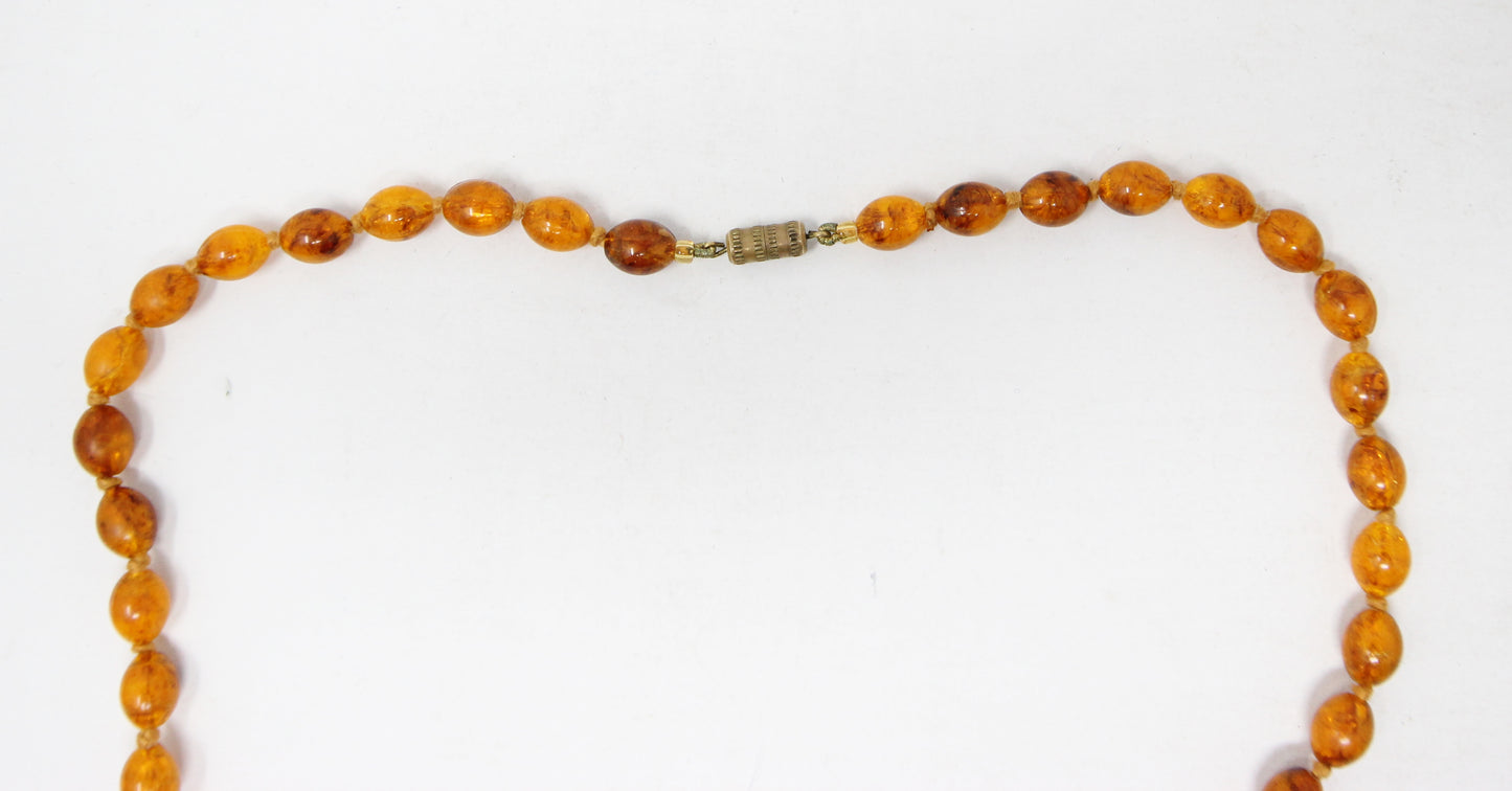 Antique Vintage Art Deco Bakelite Crackle Amber Long Knotted Graduated Bead Necklace