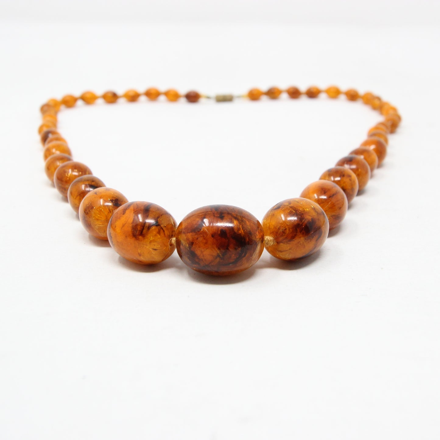 Antique Vintage Art Deco Bakelite Crackle Amber Long Knotted Graduated Bead Necklace