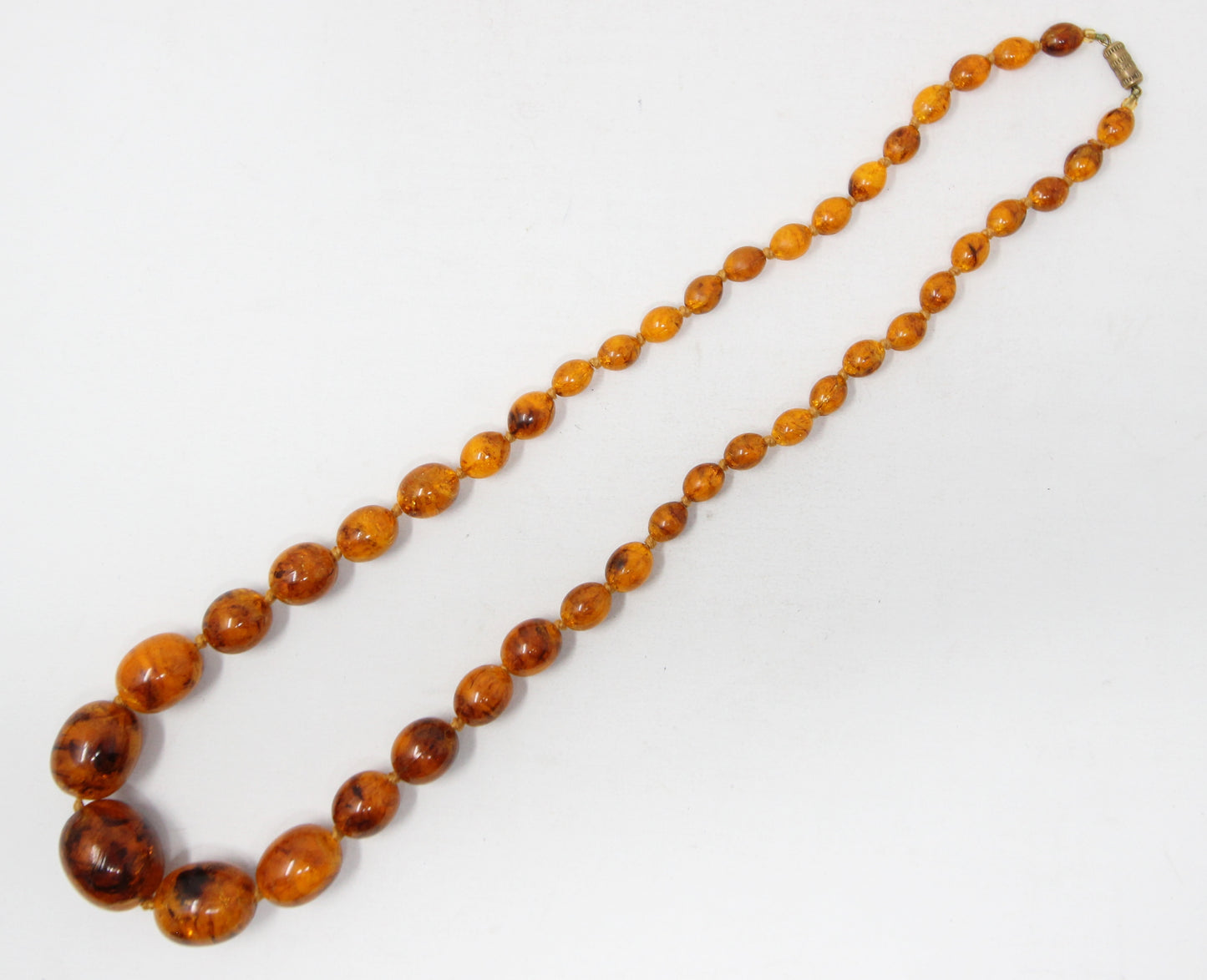 Antique Vintage Art Deco Bakelite Crackle Amber Long Knotted Graduated Bead Necklace