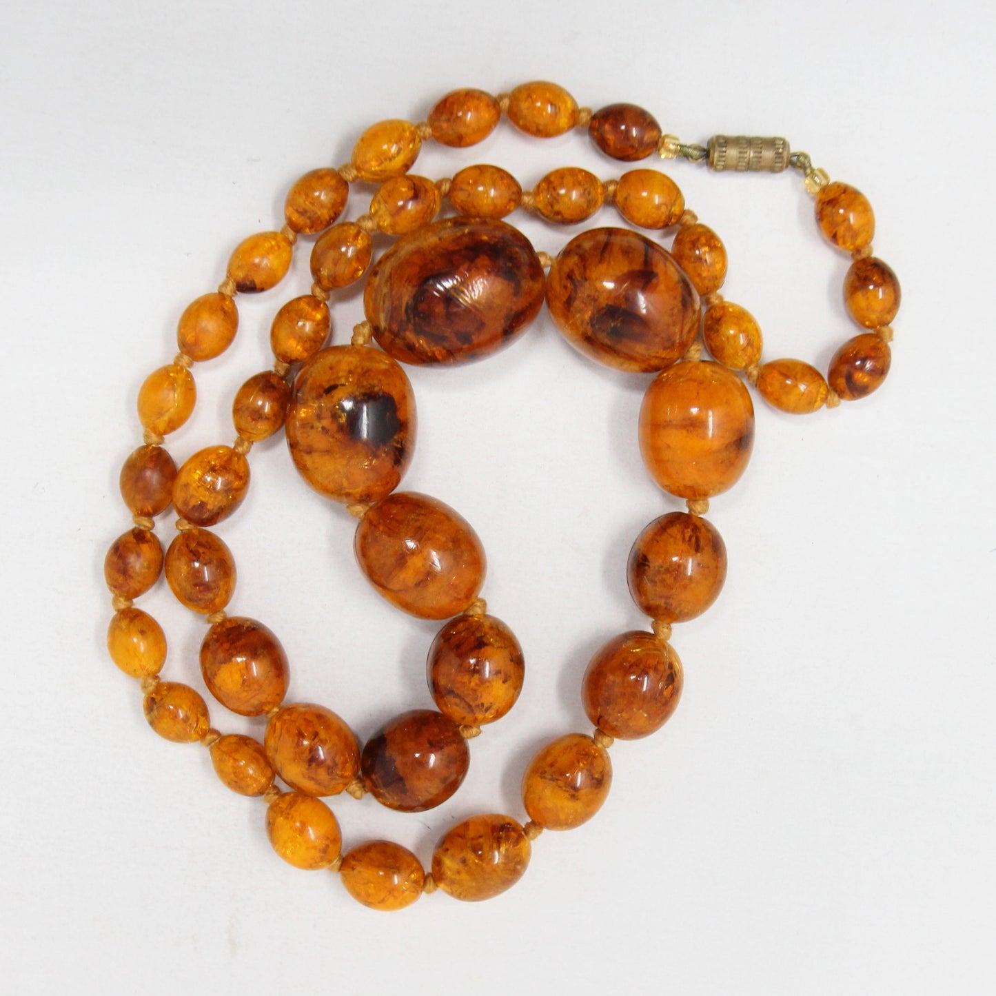 Antique Vintage Art Deco Bakelite Crackle Amber Long Knotted Graduated Bead Necklace