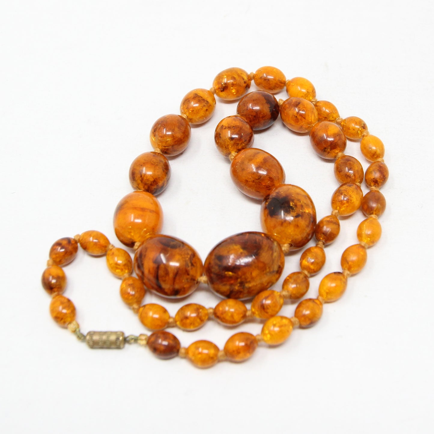 Antique Vintage Art Deco Bakelite Crackle Amber Long Knotted Graduated Bead Necklace