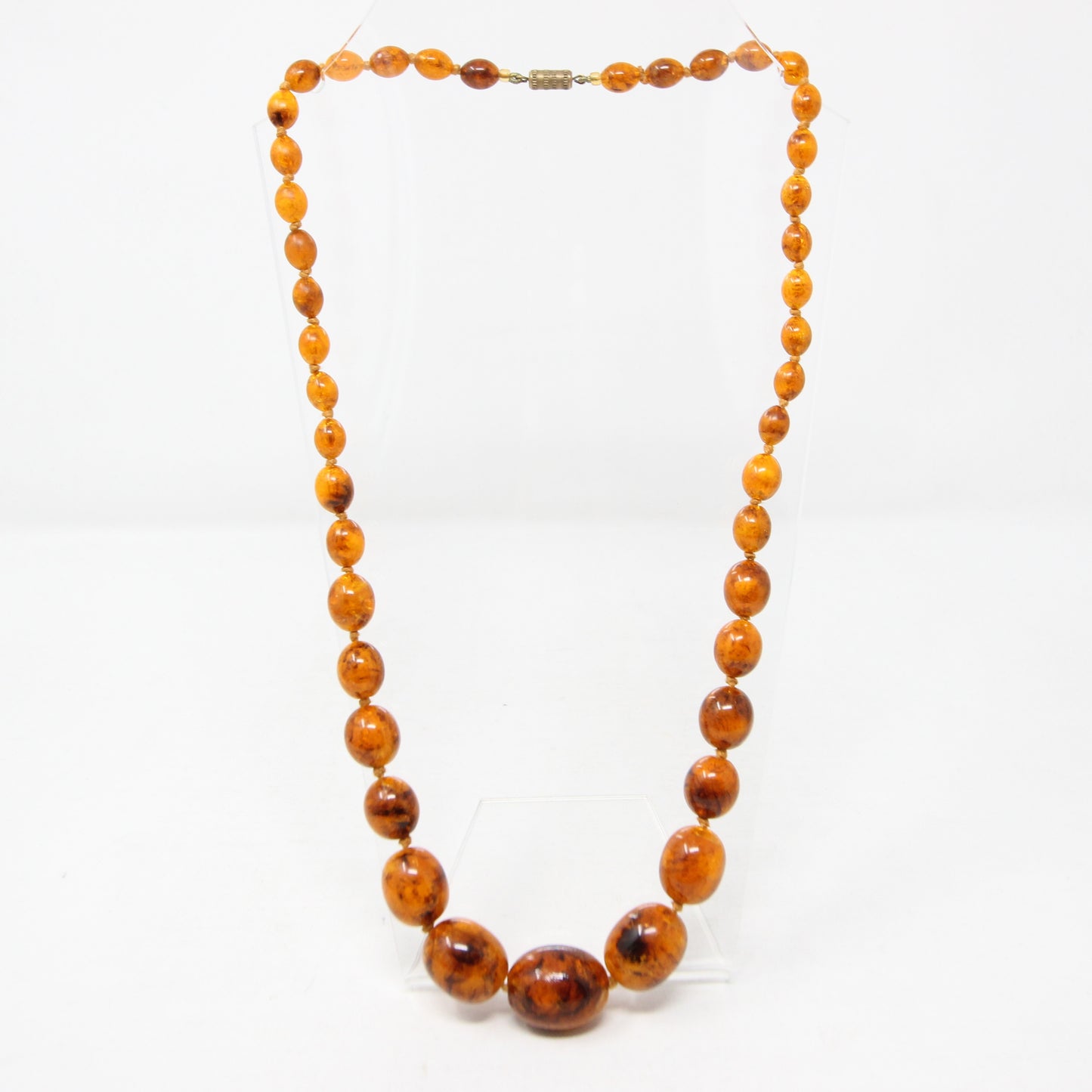 Antique Vintage Art Deco Bakelite Crackle Amber Long Knotted Graduated Bead Necklace