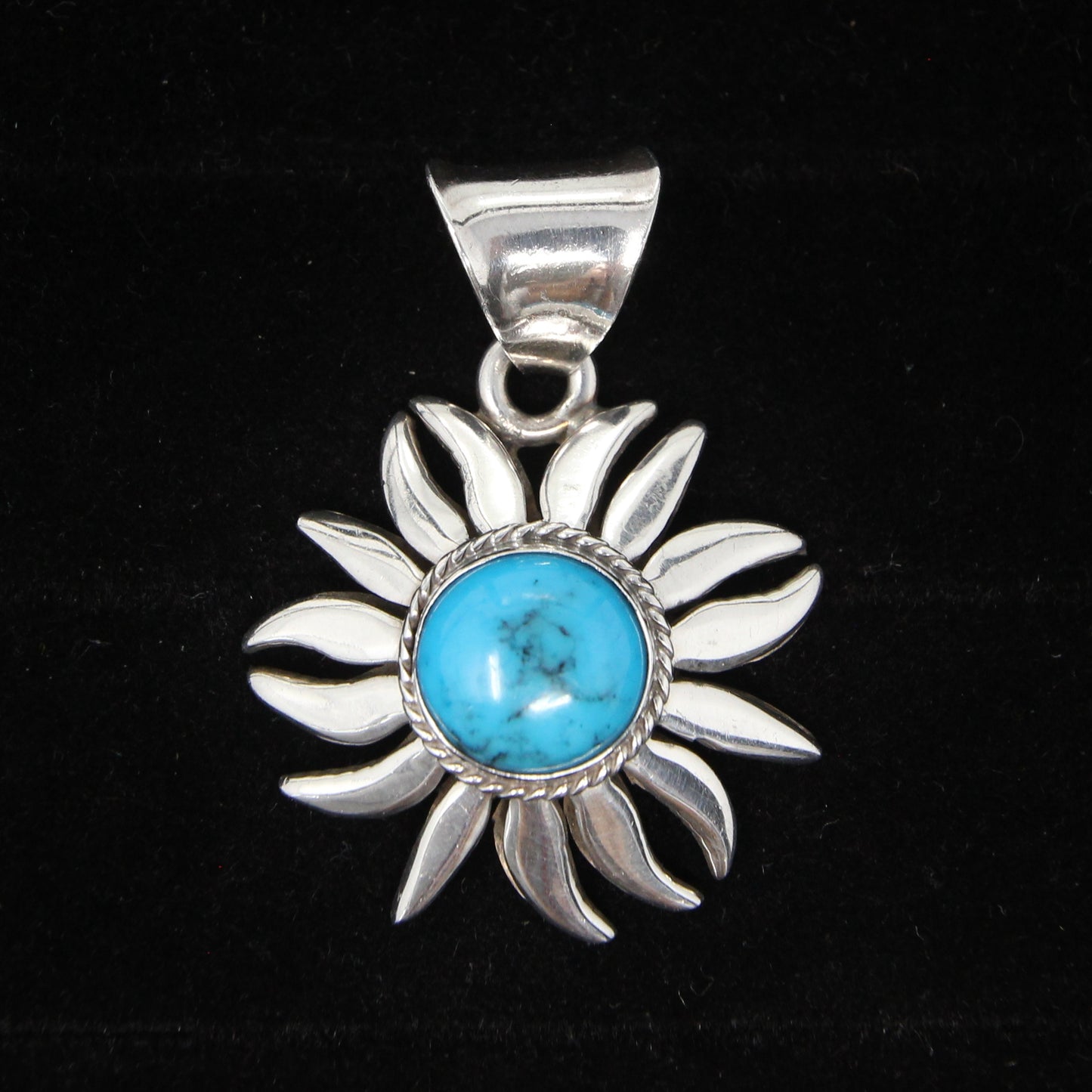 Vintage Hallmarked Large Solid Sterling Silver Turquoise Flower Sun Burst Pendant 14.5g Navajo